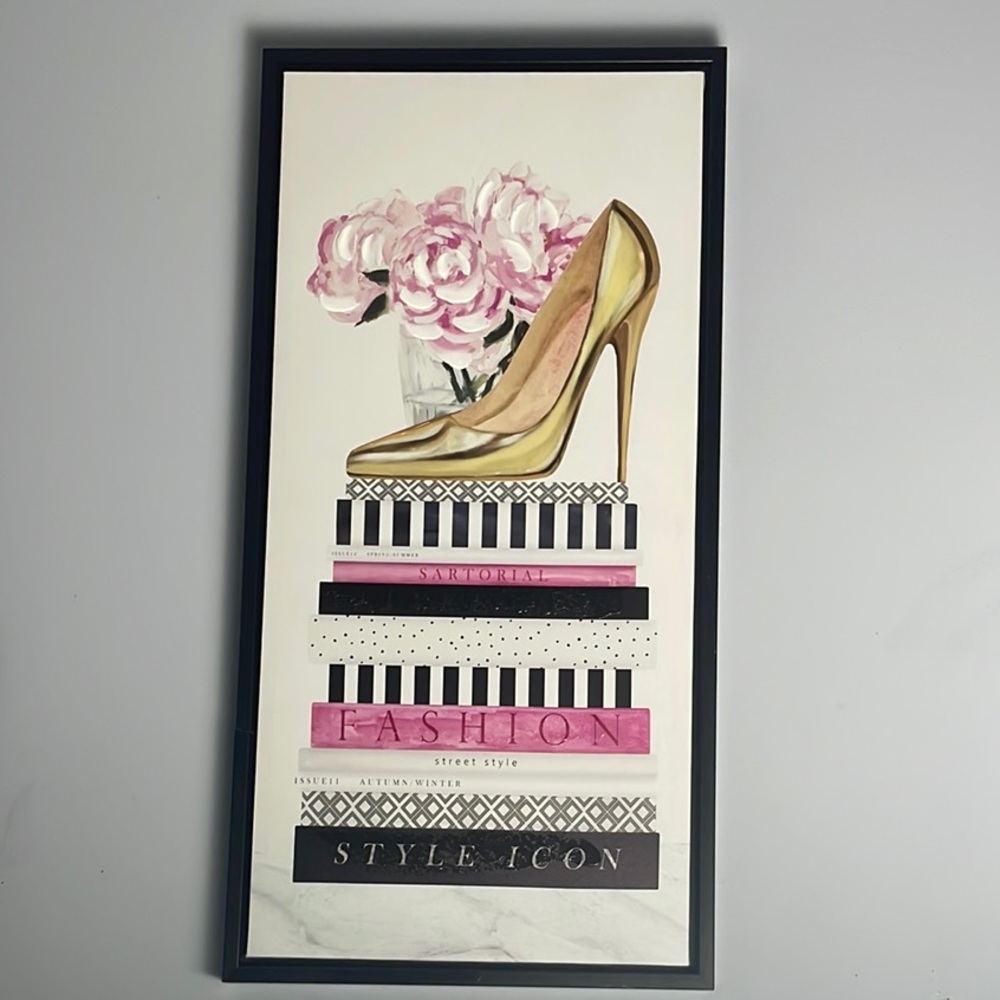 Fashion Wall Art with Gold Stiletto and Pink Flowers